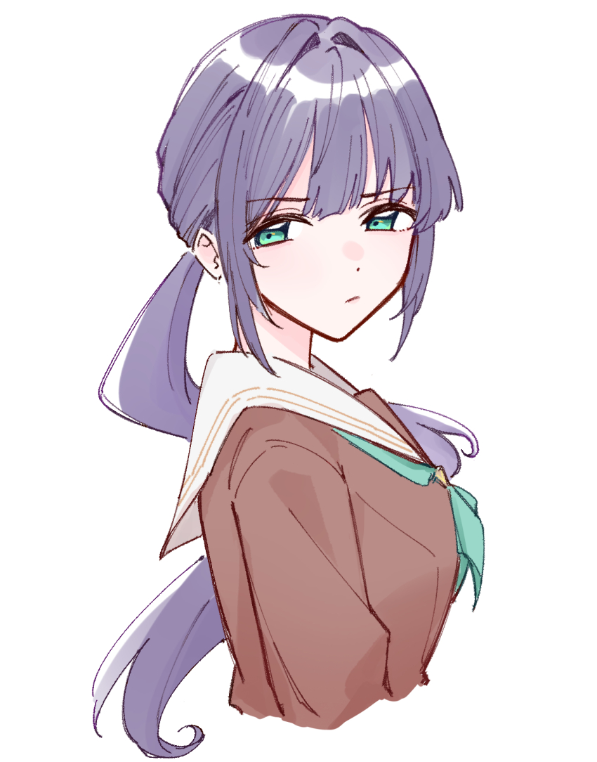1girl :/ aqua_neckerchief breasts brown_dress closed_mouth cropped_torso dress from_side green_eyes hair_intakes hasu_no_sora_school_uniform highres link!_like!_love_live! long_hair long_sleeves looking_back looking_to_the_side love_live! low_ponytail medium_breasts neckerchief official_alternate_hairstyle otomune_kozue ponytail purple_hair sailor_collar sailor_dress school_uniform simple_background solo v-shaped_eyebrows virtual_youtuber white_background white_sailor_collar winter_uniform zangemiya