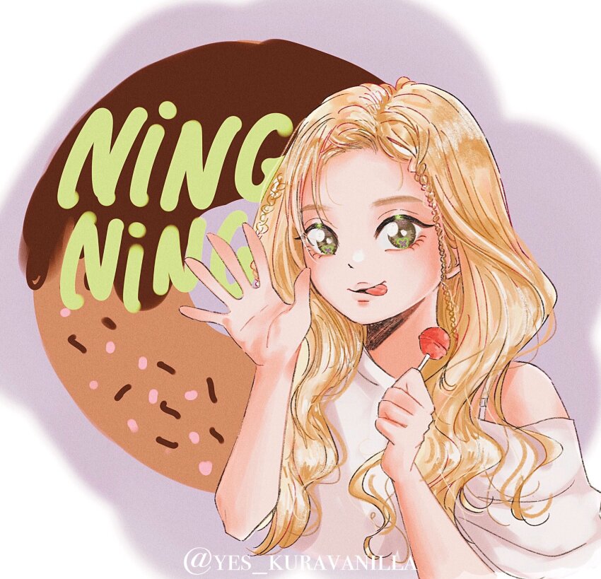 1girl aespa artist_name blonde_hair braid brown_eyes candy commentary donut food highres holding holding_candy holding_food holding_lollipop k-pop lollipop looking_at_viewer ningning_(aespa) real_life shirt smile solo tongue tongue_out twitter_username upper_body white_shirt yes_kuravanilla