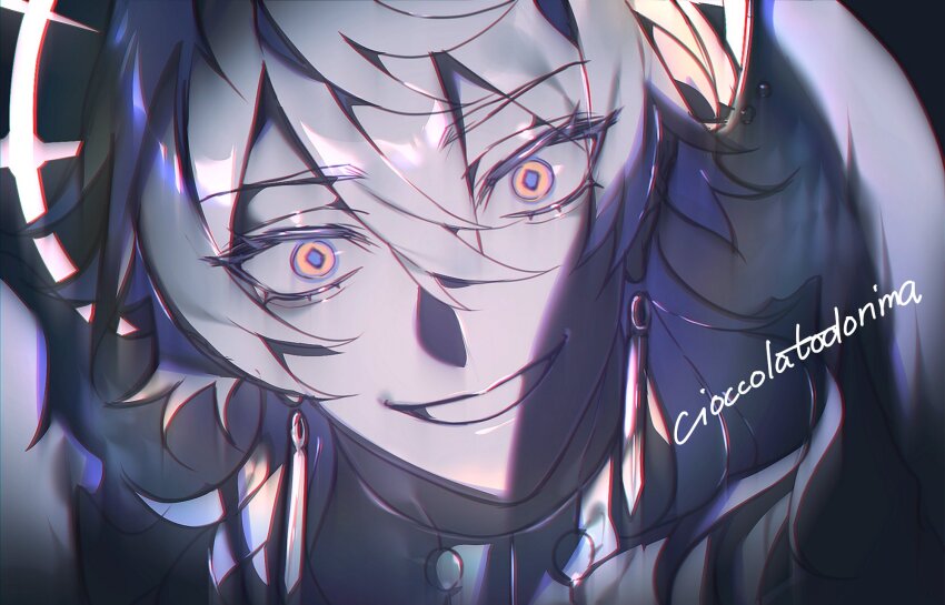 1boy artist_name black_background blue_pupils cioccolatodorima commentary constricted_pupils diamond-shaped_pupils diamond_(shape) earrings english_commentary evil_smile grey_hair hair_between_eyes halo halo_behind_head head_tilt head_wings highres honkai:_star_rail honkai_(series) jewelry looking_at_viewer male_focus medium_hair parted_lips piercing portrait smile solo spiked_halo straight-on sunday_(honkai:_star_rail) symbol-shaped_pupils turtleneck wing_piercing wings yellow_eyes