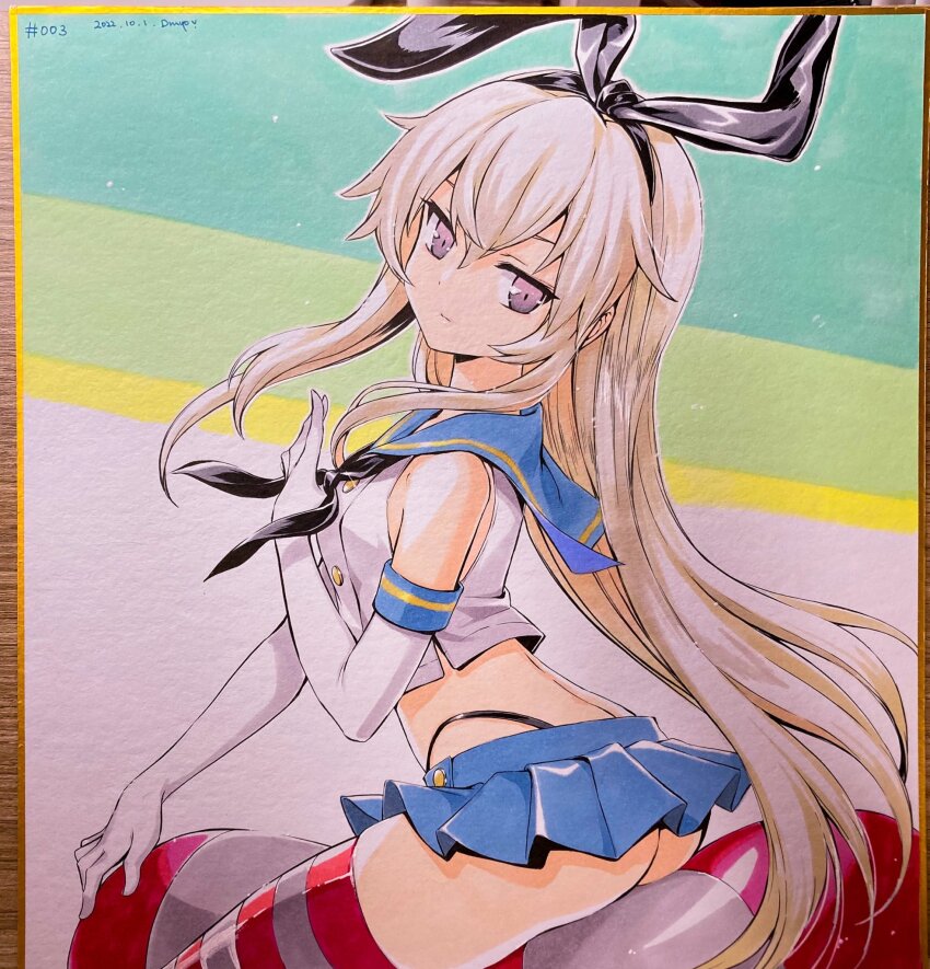 1girl animal_ear_hairband animal_ears artist_name ass bare_shoulders black_neckerchief black_panties blonde_hair blue_sailor_collar blue_skirt breasts brown_eyes butt_crack closed_mouth commentary_request cropped_shirt dated elbow_gloves fake_animal_ears from_side gloves hairband highleg highleg_panties highres kantai_collection long_hair looking_at_viewer miniskirt neckerchief panties pleated_skirt rabbit_ear_hairband rabbit_ears red_thighhighs sailor_collar school_uniform serafuku shimakaze_(kancolle) shirahane_nao shirt sitting skirt sleeveless sleeveless_shirt small_breasts solo striped_clothes striped_thighhighs thighhighs traditional_media underwear white_gloves white_shirt