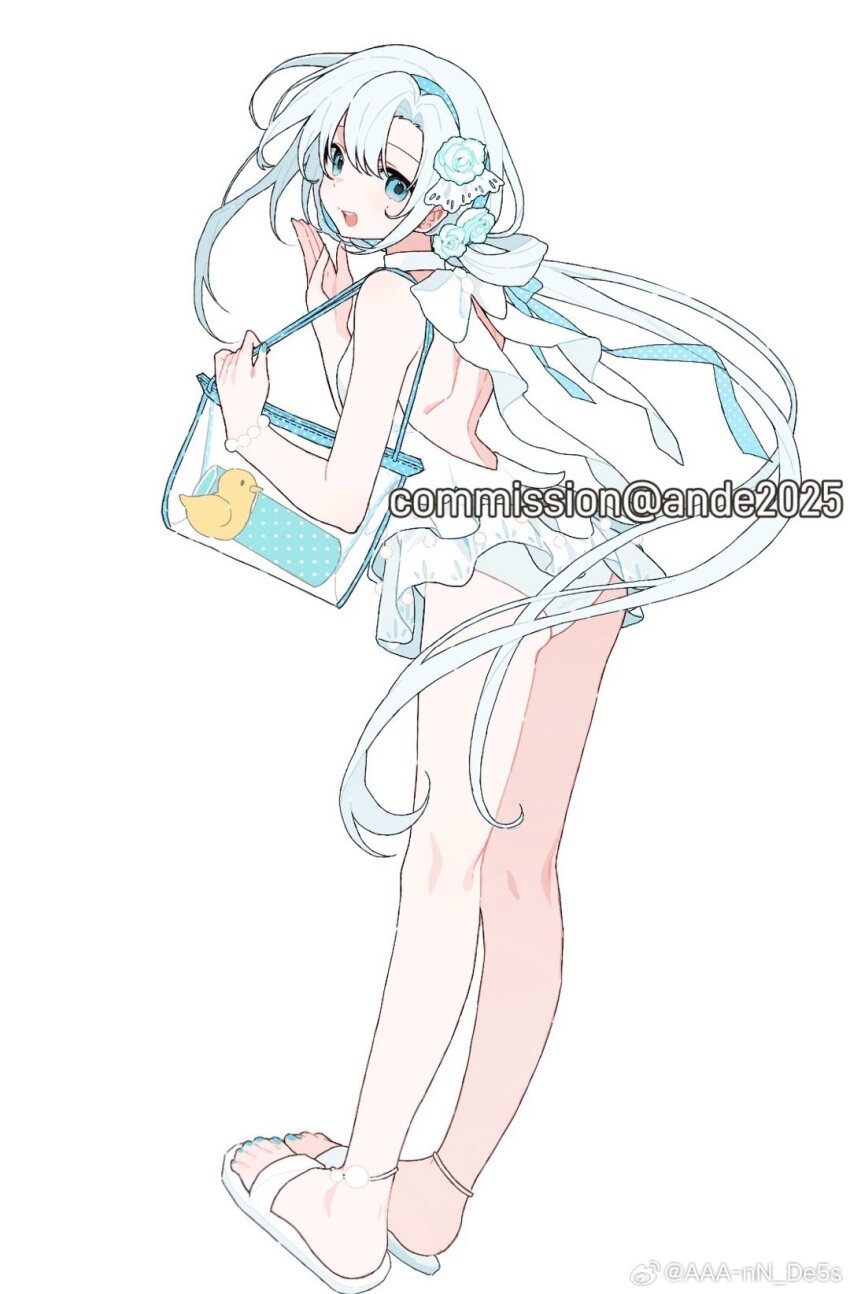 1girl aaa-nn_de5s back blue_eyes bow dress full_body hair_tie highres long_hair looking_back low_ponytail one-piece_swimsuit original ponytail slippers solo standing swimsuit transparent_bag white_background white_bow white_hair