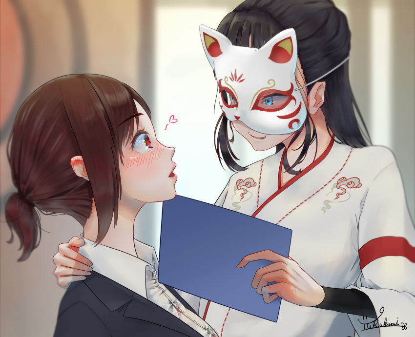 2girls absurdres black_coat black_hair blue_eyes brown_hair button_gap cloud_print coat doorway dress_shirt fang fox_mask heart highres japanese_clothes kimono light_blush long_hair long_sleeves looking_at_another mask multiple_girls office_lady original ponytail red_eyes shirt sidelocks smile white_kimono wide_sleeves yurakusai yuri