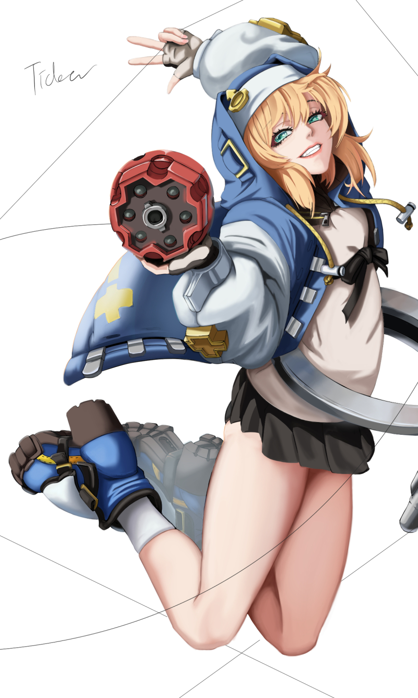 1boy aqua_eyes arm_up bare_legs black_skirt blonde_hair blue_jacket boots bridget_(guilty_gear) commentary_request crossdressing drawstring full_body grin guilty_gear guilty_gear_strive hair_between_eyes highres hood hood_up hooded_jacket jacket korean_commentary long_hair long_sleeves looking_at_viewer male_focus mars_symbol miniskirt mixed-language_commentary partial_commentary pleated_skirt puffy_long_sleeves puffy_sleeves simple_background skirt smile socks solo string teeth ticker_(kks2ksy) trap w white_background white_socks yo-yo