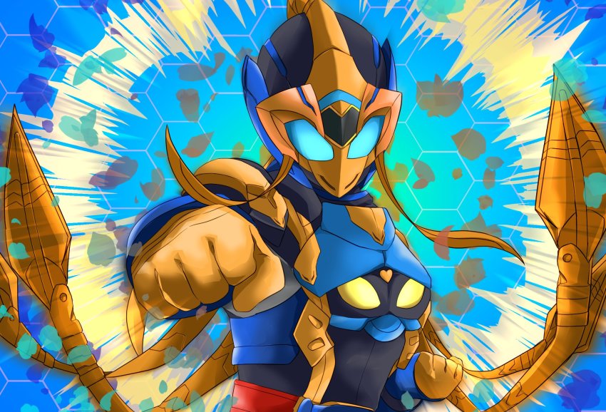 1girl 2girls blue_background blue_eyes breasts clenched_hands cobra_(animal) cobra_genome commentary_request demon demon_girl rider_belt explosion fighting_stance finishing_move fusion gloves glowing glowing_eyes gold_gloves highres kamen_rider kamen_rider_invincible_jeanne kamen_rider_jeanne kamen_rider_revice karate king_cobra_genome libera_driver lovekov martial_arts mask medium_breasts miyabi_(037) multiple_girls off_shoulder ponytail pouch reiwa rider_belt tail tendril tokusatsu upper_body vistamp white_background yellow_eyes yellow_gloves