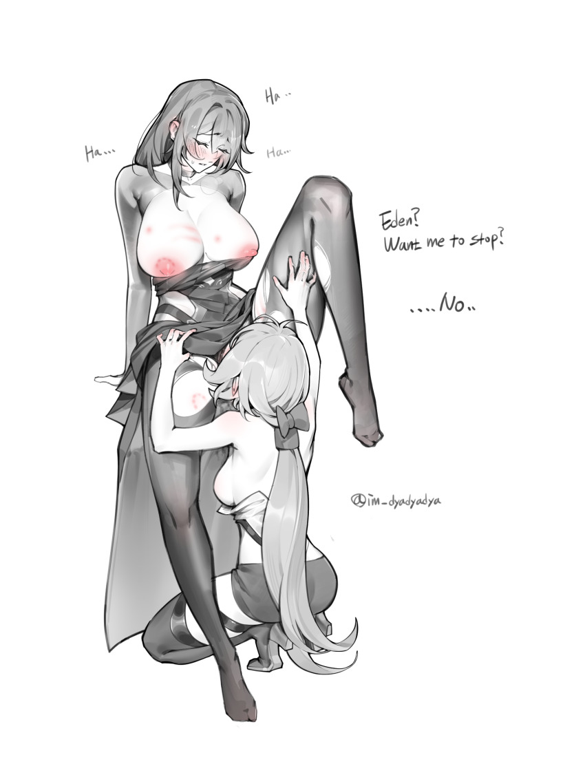 2girls absurdres bite_mark bite_mark_on_breast blush boots breasts closed_eyes closed_mouth commentary cunnilingus dress dyadyadya eden_(honkai_impact) elysia_(honkai_impact) english_text greyscale hand_on_another&#039;s_thigh high_heel_boots high_heels highres honkai_(series) honkai_impact_3rd huge_breasts leg_up long_hair monochrome multiple_girls nipples no_shoes oral paid_reward_available pantyhose pussy_juice pussy_juice_on_fingers spot_color squatting standing standing_cunnilingus thigh_boots torn_clothes torn_pantyhose yuri