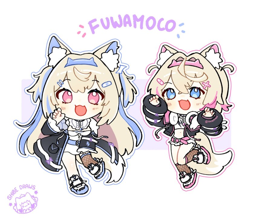 2girls :d animal_ear_fluff animal_ears bandaid bandaid_hair_ornament belt blonde_hair blue_eyes blue_hairband chibi dog_ears dog_girl dog_tail fake_horns frilled_shorts frills fuwawa_abyssgard fuwawa_abyssgard_(1st_costume) hair_between_eyes hair_ornament hairband headphones headphones_around_neck highres hololive hololive_english horn_hairband horns long_hair long_sleeves looking_at_viewer mococo_abyssgard mococo_abyssgard_(1st_costume) multicolored_hair multiple_girls open_mouth paw_pose pink_belt pink_eyes pink_hairband shibedraws short_hair shorts siblings simple_background sisters smile streaked_hair tail twins virtual_youtuber x_hair_ornament