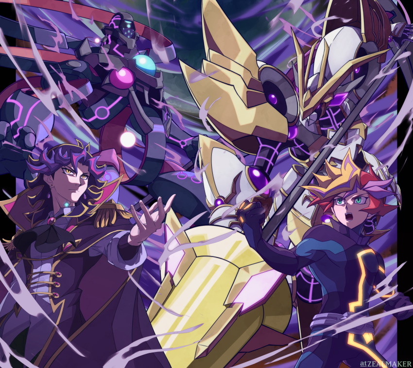2boys absurdres accesscode_talker ai_(yu-gi-oh!) armor ascot black_hair blonde_hair bodysuit cape closed_mouth duel_monster earrings epaulettes fujiki_yusaku green_eyes highres holding holding_polearm holding_scythe holding_weapon jewelry lance long_sleeves mecha medium_hair multicolored_hair multiple_boys open_mouth outstretched_arm playmaker_(yu-gi-oh!) polearm purple_hair red_hair robot scythe streaked_hair the_arrival_cyberse_@ignister twitter_username weapon yellow_eyes yu-gi-oh! yu-gi-oh!_vrains zealmaker