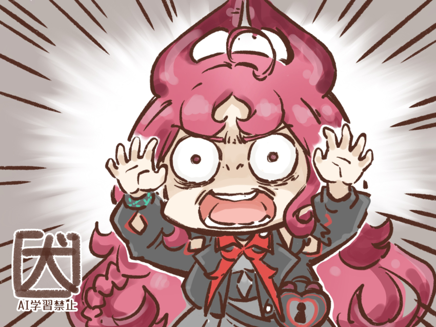 1girl ahoge akanotanin13 arknights arm_cutout black_jacket chibi demon_girl demon_horns dungeon_meshi heart heart-shaped_hair horns jacket jewelry keyhole laios&#039;_intimidation locket long_hair long_sleeves looking_at_viewer nymph_(arknights) open_mouth parody pendant pink_eyes pink_hair pointy_ears red_hair red_horns signature solo very_long_hair
