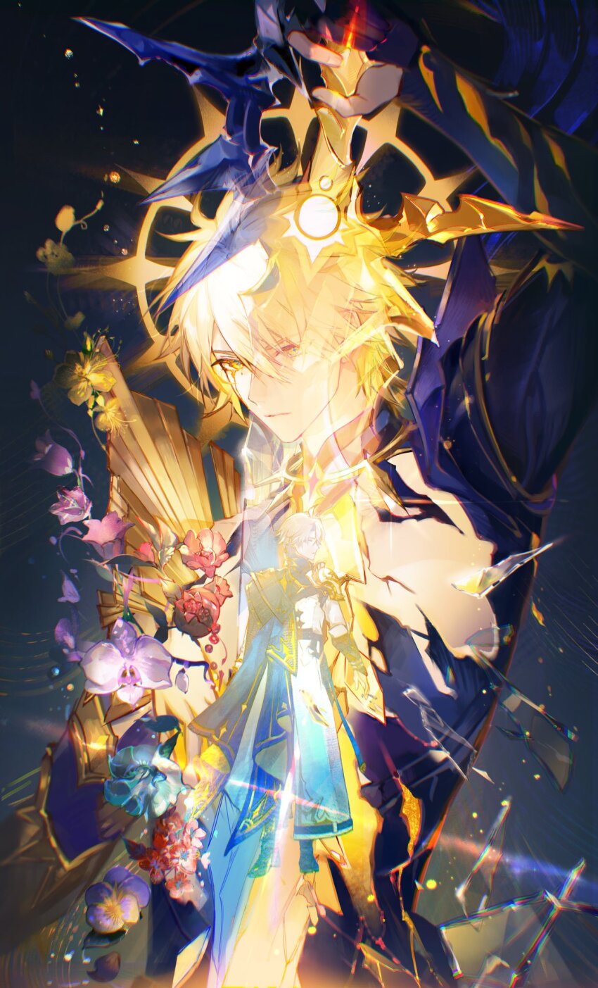 2boys alternate_form antenna_hair armor black_shirt blonde_hair blue_cape broken_glass cape coat commentary_request cracked_skin dual_persona flower glass hair_between_eyes halo halo_behind_head highres holding holding_sword holding_weapon honkai:_star_rail honkai_(series) male_focus material_growth multiple_boys pauldrons phainon_(honkai:_star_rail) sanmen shirt short_hair shoulder_armor single_pauldron sword torn_clothes torn_shirt weapon white_coat white_hair yellow_blood yellow_eyes