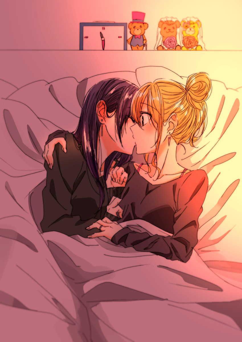 2girls aihara_mei aihara_yuzu bad_id bad_pixiv_id bed bed_sheet black_hair blonde_hair blush breasts citrus_(saburouta) closed_eyes ear_blush earrings glidesloe green_eyes highres jewelry kiss long_hair lying multiple_girls on_bed on_side pillow ring shirt siblings sisters step-siblings wife_and_wife yuri