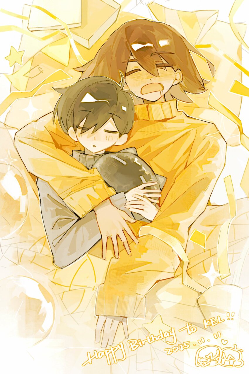 2boys alternate_costume animal antenna_hair black_hair black_sweater brown_hair cat character_name dark-skinned_male dark_skin dated double-parted_bangs drooling hair_between_eyes happy_birthday highres holding holding_animal holding_cat kel_(faraway)_(omori) kel_(omori) long_sleeves male_focus mewo mouth_drool multiple_boys omori open_mouth orange_sweater parted_lips sunny_(omori) sweater triangle_mouth xiangmian_fumin yaoi