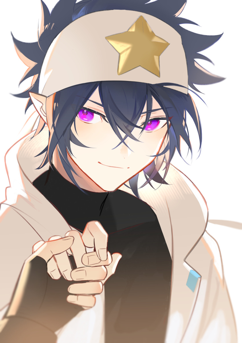 2boys absurdres aleo aotu_world bandana black_gloves black_hair black_shirt closed_mouth fingerless_gloves gloves hair_between_eyes headband highres hood hooded_jacket jacket looking_at_viewer male_focus multiple_boys open_clothes pointy_ears purple_eyes ray_(aotu_world) shirt short_hair simple_background smile solo_focus star_(symbol) star_print turtleneck upper_body white_background white_headband white_jacket yaoi