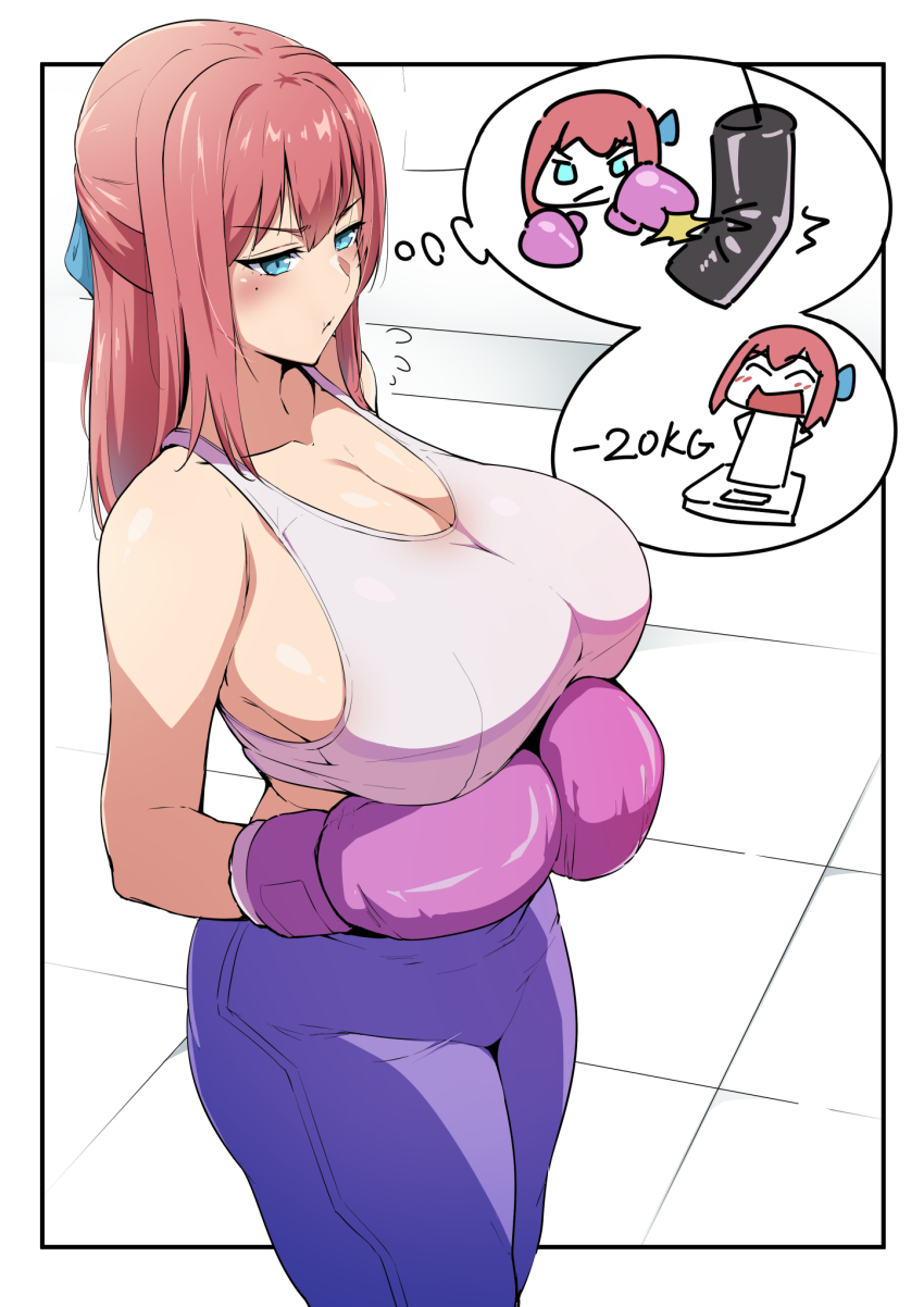 1girl arms_under_breasts blue_eyes blue_ribbon blush boxing boxing_gloves breasts chibi chibi_inset cleavage closed_mouth flying_sweatdrops from_side gloves hair_ribbon highres huge_breasts long_hair looking_ahead mole mole_under_eye original pants pink_gloves pink_hair pout punching_bag purple_pants ribbon solo speech_bubble sports_bra thought_bubble weighing_scale weight_conscious xllam