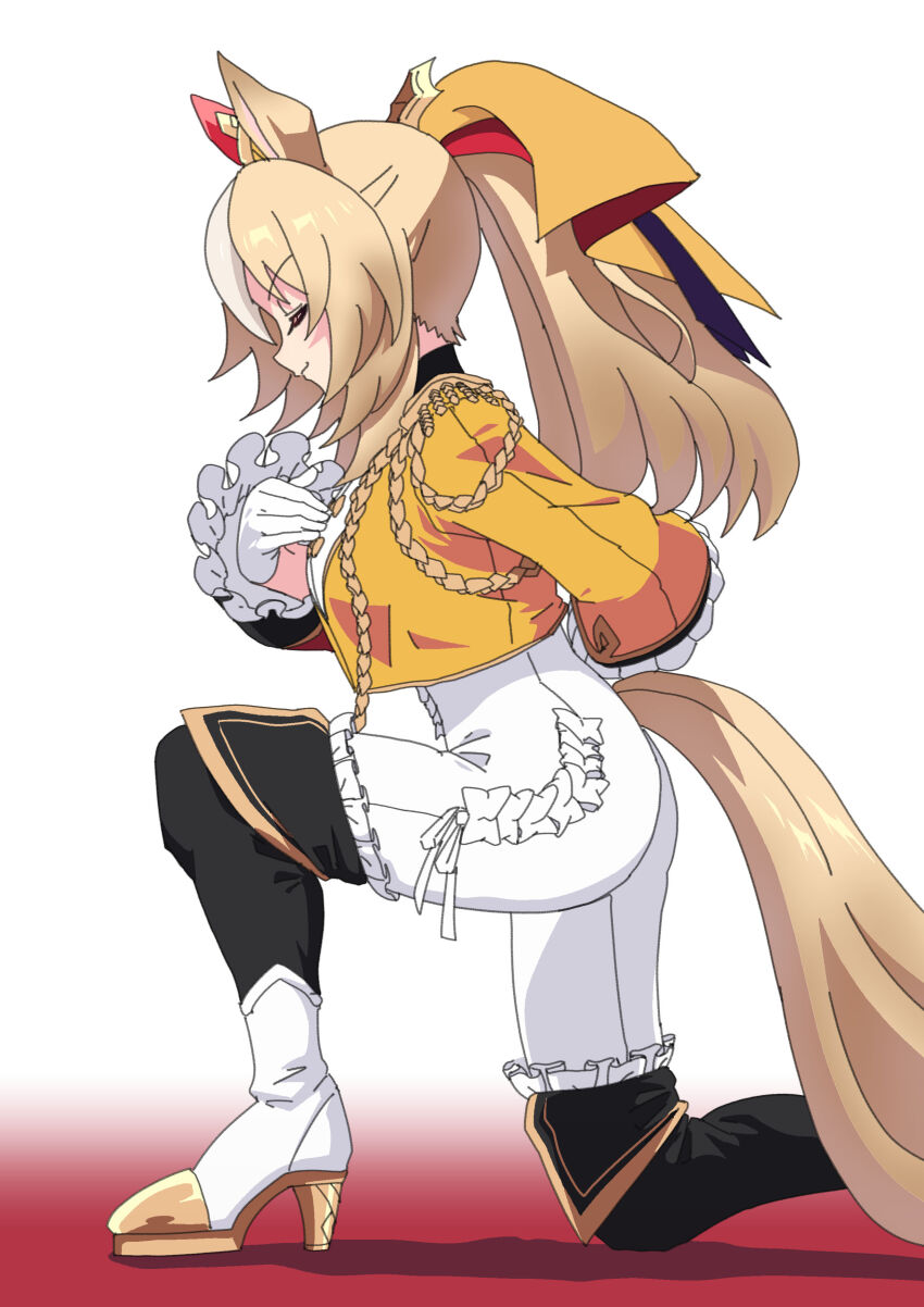 1girl absurdres animal_ears arm_behind_back black_thighhighs blonde_hair bodysuit closed_eyes commentary durandal_(umamusume) ear_covers frilled_bodysuit from_side hair_ribbon hand_on_own_chest high_heels highres horse_ears horse_girl horse_tail kneeling kuman_bachi long_hair multicolored_hair ponytail ribbon salute single_ear_cover solo tail thighhighs two-tone_hair umamusume white_bodysuit white_footwear white_hair