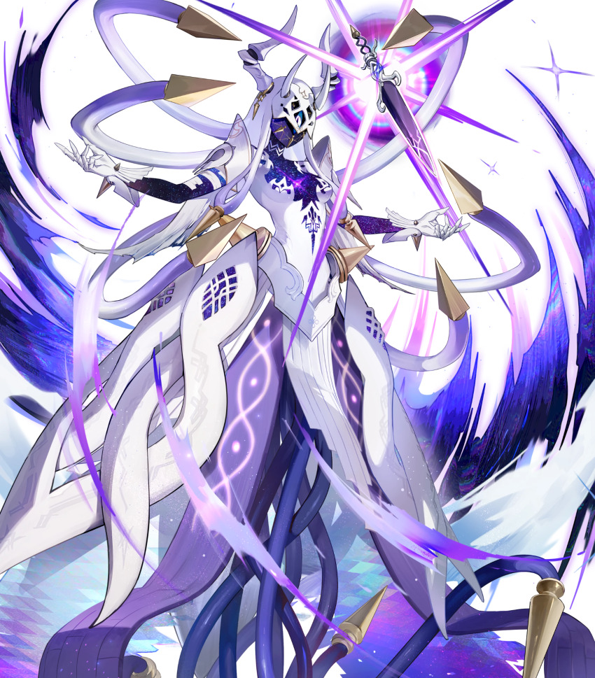 1girl attack commentary dress english_commentary fire_emblem fire_emblem_heroes ginnungagap_(fire_emblem) gloves glowing glowing_weapon highres horns hou_(ppo) mask mechanical_horns multicolored_hair nintendo non-web_source official_art one-eyed outstretched_arms purple_hair shine solo tentacle_hair transparent_background two-tone_hair weapon white_dress white_gloves white_hair white_mask
