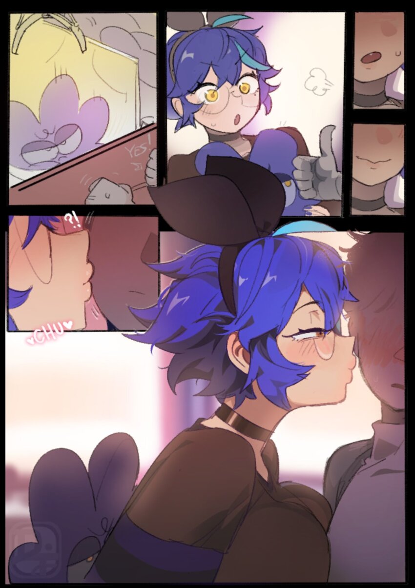 !? 1boy 1girl ahoge black_bow black_shirt blue_hair blush bow breast_press breasts comic dif_(difman) difman english_text glasses hair_bow hetero kissing_cheek large_breasts light_blue_hair open_mouth original rimless_eyewear shirt short_hair sound_effects stuffed_toy sweat wavy_mouth yellow_eyes
