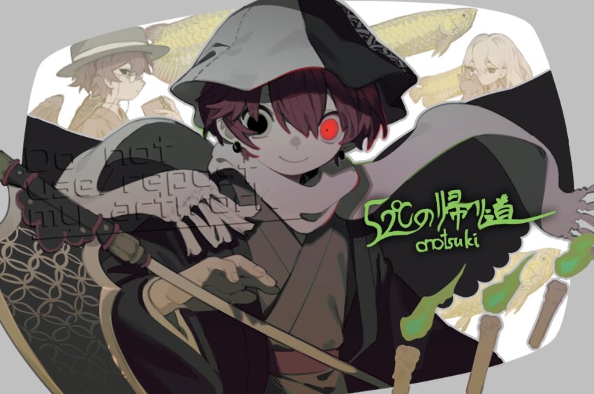3boys animal bird_wings black_coat black_eyes black_wings brown_kimono candle coat commentary_request feathered_wings fish grey_scarf haori heterochromia japanese_clothes kimono looking_at_viewer male_focus multiple_boys onotsuki_w2 original red_hair scarf short_hair smile upper_body weapon wind wings yellow_eyes