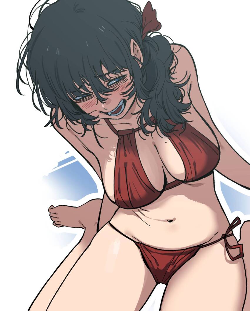 bikini black_hair blush breasts gye_baeksoon highres jimiko mojyo mole mole_on_breast navel red_bikini red_ribbon ribbon side_ponytail string_bikini swimsuit unemployed_gye_baeksoon white_background zirarval