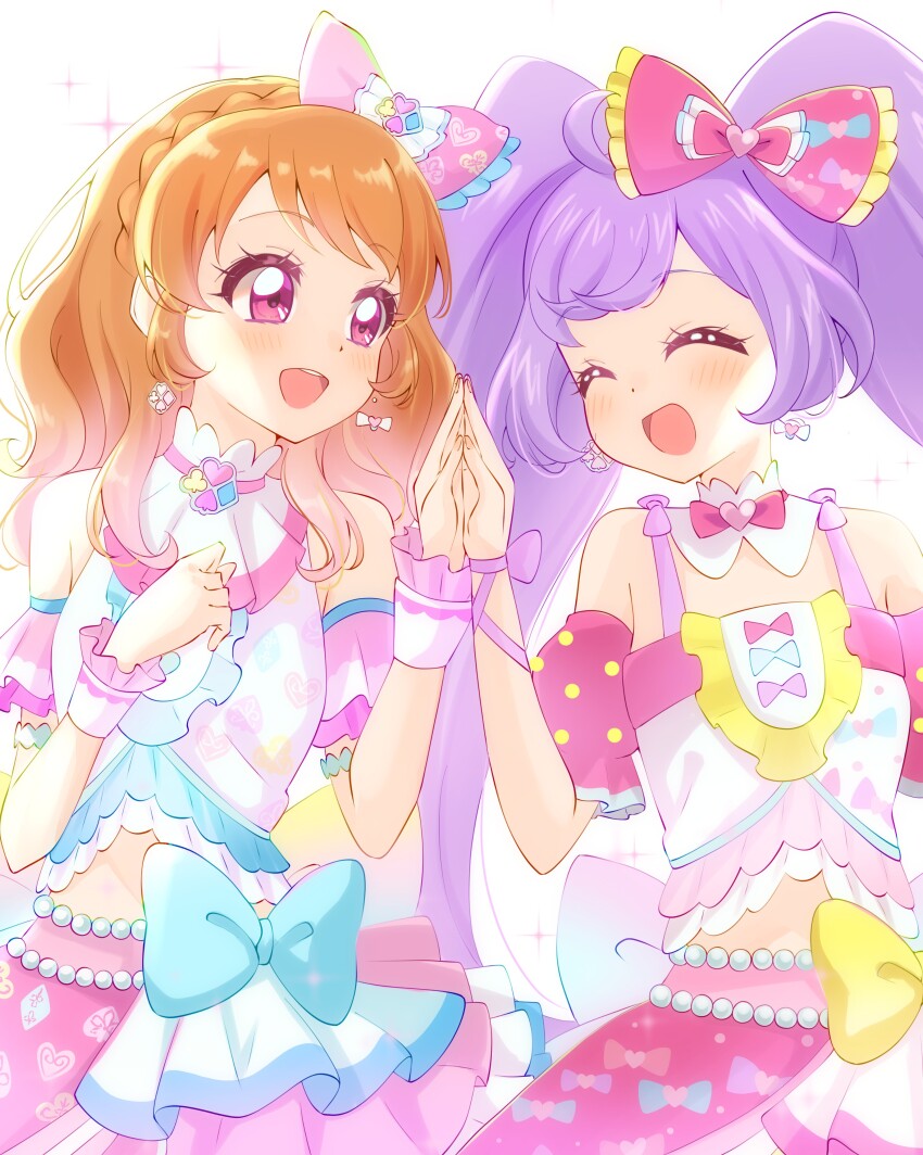 2girls :d ^_^ absurdres ahoge aikatsu! aikatsu!_(series) aikatsu!_x_pripara_the_movie_-deai_no_kiseki!- blue_bow bow closed_eyes commentary_request hair_bow hand_on_another&#039;s_hand hands_up highres layered_skirt long_hair looking_at_another manaka_laala midriff multiple_girls open_mouth orange_hair ozora_akari palms_together pink_bow pink_eyes pink_shirt pretty_series pripara purple_hair shirt skirt sleeveless sleeveless_shirt smile standing sugimura_mickey twintails white_background white_shirt wrist_cuffs yellow_bow
