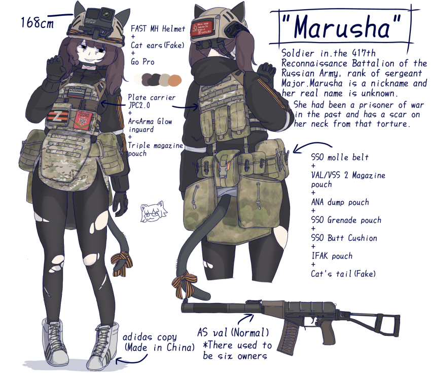 1girl action_camera adidas animal_ears as_val assault_rifle b1-517 cat_ears cat_tail reference_sheet english_text fake_animal_ears fake_tail gloves gun helmet highres integral_suppressor integrally-suppressed_firearm kalashnikov_rifle leggings load_bearing_vest marusha_(b1-517) military neco-arc original paw_pose ribbon rifle russian_ground_forces suppressor tail tail_ornament tail_ribbon torn_clothes torn_leggings twintails unit_patch video_camera weapon