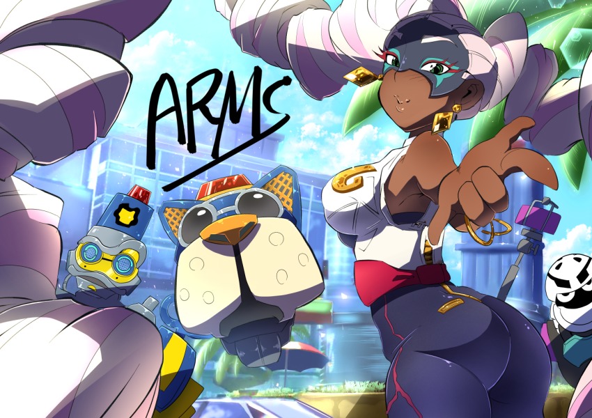 1girl arms_(game) ass bare_shoulders barq breasts byte_(arms) character_request copyright_name dark_skin drill_hair earrings green_eyes jewelry kid_cobra kiwa_(pokemonwars) lips long_hair looking_at_viewer mask medium_breasts pink_hair smile thick_thighs thighs twin_drills twintelle_(arms) very_long_hair