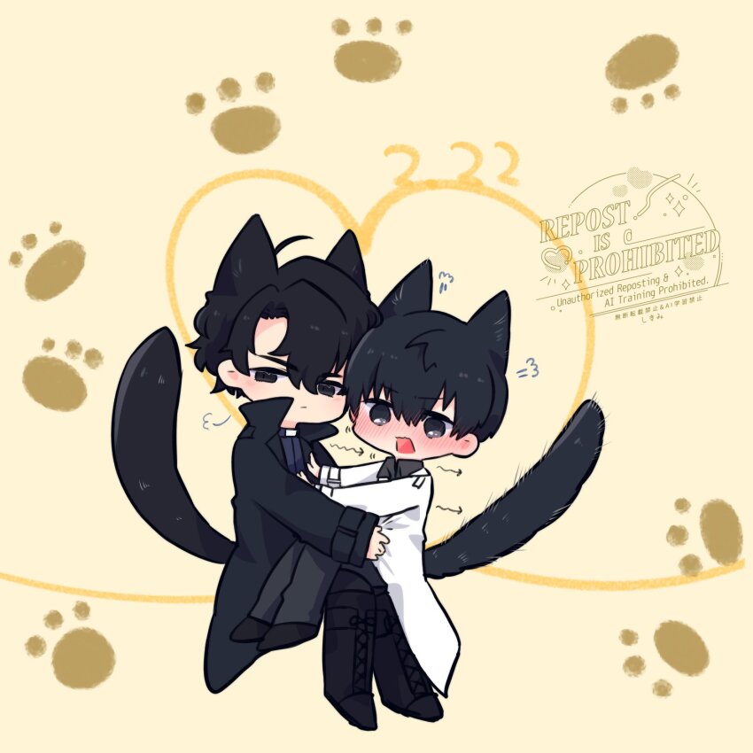 2boys ahoge animal_ears black_coat black_eyes black_hair black_shirt blush breath carrying carrying_person cat_ears cat_tail chibi chibi_only coat collared_shirt commentary curtained_hair hair_between_eyes highres hug invisible_chair kemonomimi_mode kim_dokja kimidori_22 male_focus multiple_boys omniscient_reader&#039;s_viewpoint open_clothes open_coat paw_print popped_collar princess_carry shirt short_hair sitting symbol-only_commentary tail white_coat yoo_joonghyuk