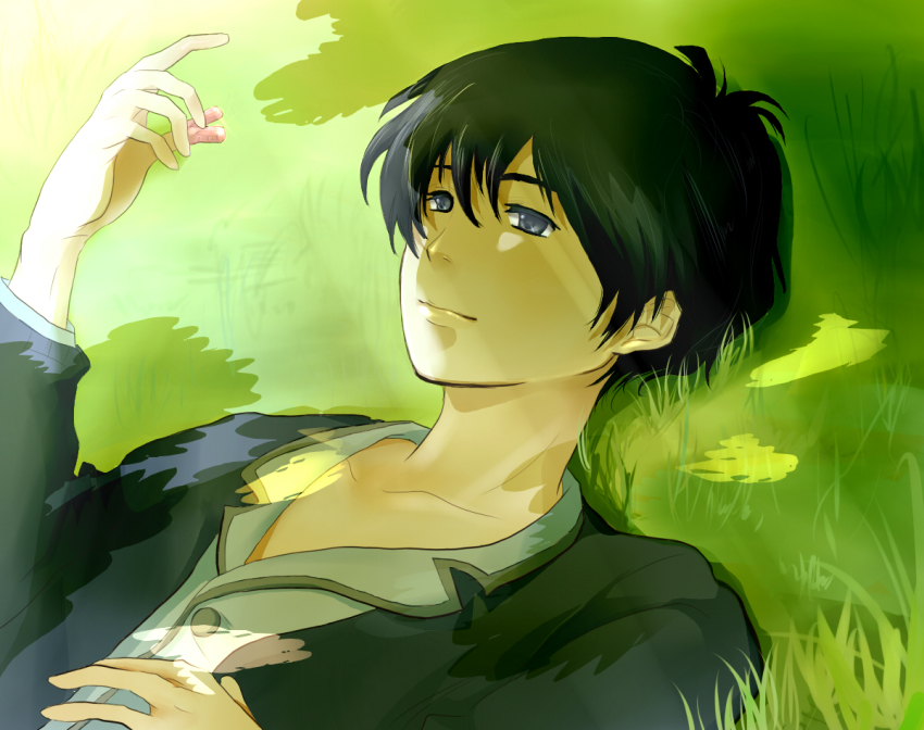 10s 1boy bad_id bad_pixiv_id black_hair clothes_pin green_theme holding karigurashi_no_arrietty light_smile lying male_focus nature outdoors plant shade short_hair shou_(karigurashi_no_arrietty) solo studio_ghibli unagichora