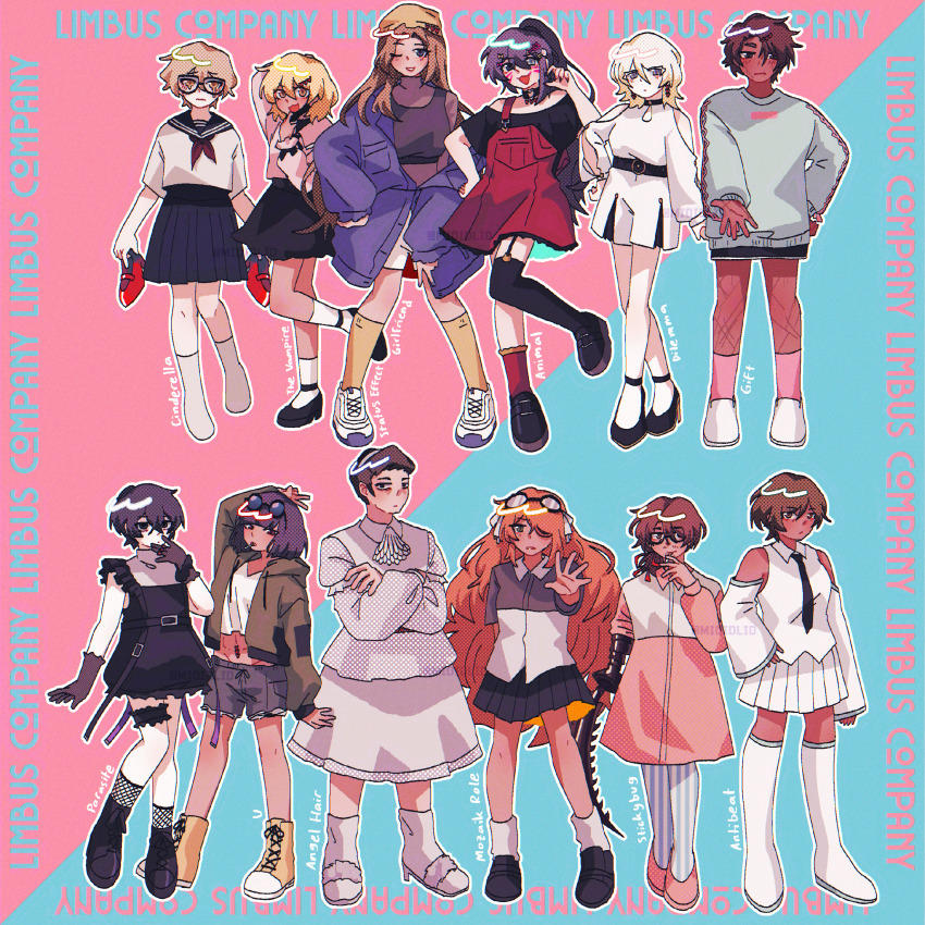 6+boys 6+girls absurdres animal_(vocaloid) anti_beat_(vocaloid) arthropod_limbs ascot black_hair black_shirt blonde_hair bob_cut brown_hair choker cinderella_(vocaloid) cosplay crop_top crossdressing crying dilemma_(vocaloid) don_quixote_(project_moon) dress earrings faust_(project_moon) fishnet_socks fishnets frilled_dress frills garter_straps gift_(vocaloid) glasses goggles goggles_on_head green_hoodie gregor_(project_moon) grey_sweater hair_ribbon hatsune_miku hatsune_miku_(cosplay) heathcliff_(project_moon) heterochromia highendsheep highres holding holding_shoes hong_lu_(project_moon) hood hoodie ishmael_(project_moon) jewelry jirai_kei joutai_ijou_kanojo_(vocaloid) kesaran_pasaran_(vocaloid) limbus_company long_hair mannequin_(vocaloid) meursault_(project_moon) miniskirt mismatched_socks mozaik_role_(vocaloid) multiple_boys multiple_girls navel off-shoulder_shirt off_shoulder ojama_mushi_(vocaloid) open_clothes open_hoodie orange_hair outis_(project_moon) overall_skirt parasite_(vocaloid) pink_shirt pink_socks pleated_skirt polo_shirt ponytail project_moon red_dress ribbon rodion_(project_moon) ryoshu_(project_moon) school_uniform serafuku shirt shoes short_hair sinclair_(project_moon) single_thighhigh skirt smoking sneakers socks strappy_heels sweater tears thighhighs u_(vocaloid) unworn_shoes vampire_(vocaloid) white_ascot white_footwear white_socks yellow_socks yi_sang_(project_moon)
