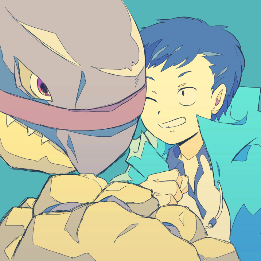 amasawa_keisuke digimon digimon_(creature) golemon highres looking_at_another one_eye_closed red_eyes sharp_teeth smile teeth