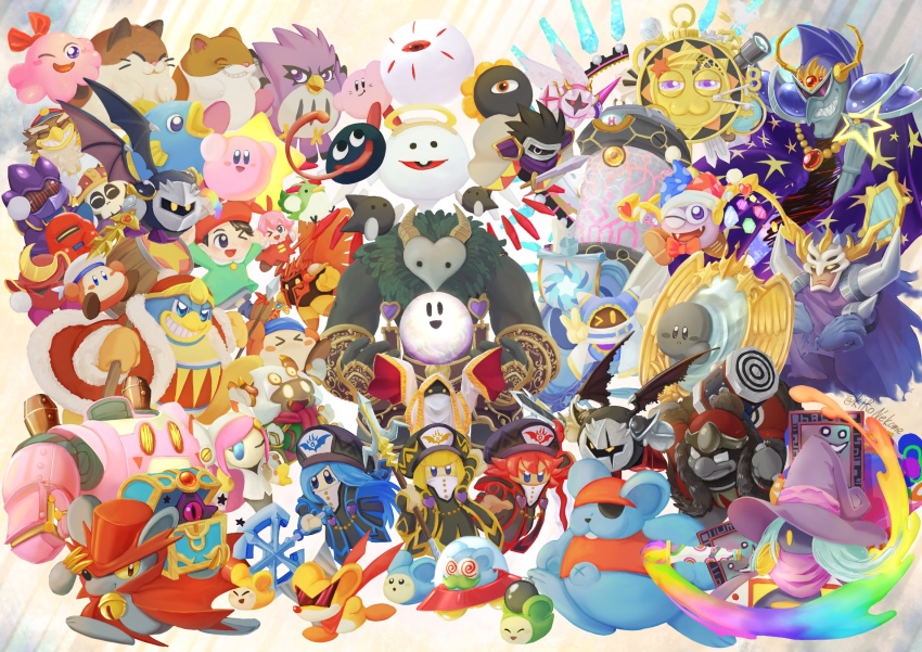 adeleine anniversary axe axe_knight_(kirby) bandana bandana_waddle_dee beret captain_vul chuchu_(kirby) commentary_request coo_(kirby) dark_matter_(kirby) dark_matter_blade dark_meta_knight dark_mind dark_nebula daroach dimension_mirror doc_(kirby) drawcia dual_persona everyone flamberge_(kirby) francisca_(kirby) galacta_knight galactic_nova galaxia_(sword) gooey_(kirby) hammer hat highres horns hyness javelin_knight kine_(kirby) king_dedede kirby kirby:_planet_robobot kirby_(series) lor_starcutter mace_knight magolor marx_(kirby) meta_knight mizusuibo morpho_knight n-z nago_(kirby) nightmare_(kirby) nintendo paint paintbrush painting_(object) pitch_(kirby) polearm rayman_limbs ribbon_(kirby) rick_(kirby) robobot_armor sailor_waddle_dee scar scar_across_eye scar_on_face shadow_dedede shadow_kirby spear spinni squeakers star_dream storo susie_(kirby) sword taranza top_hat treasure_chest twitter_username ufo void_termina watermark weapon wings witch_hat zan_partizanne zero_(kirby) zero_two_(kirby)