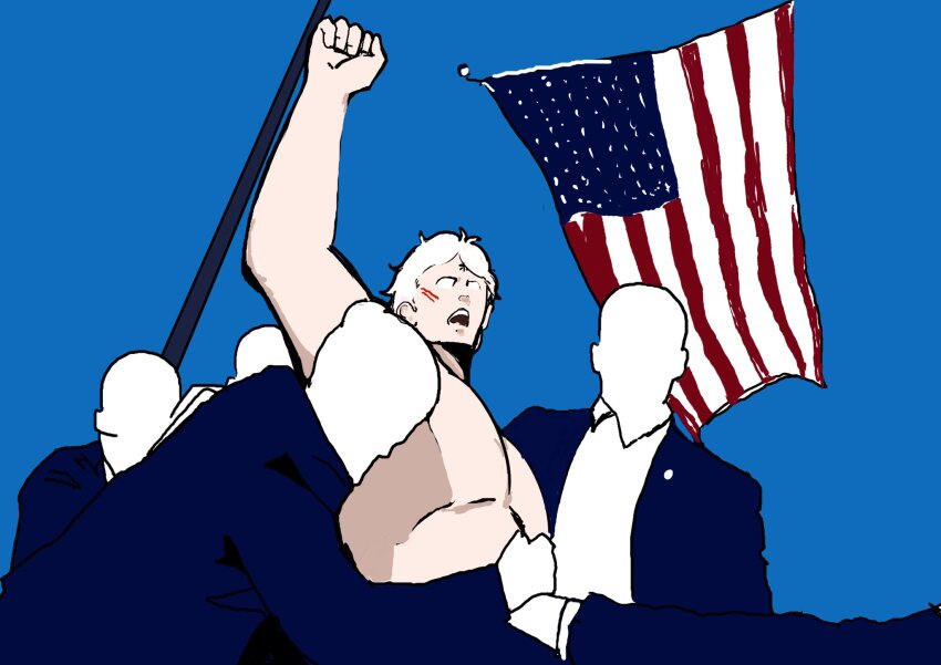1boy 2024 2024_attempted_assassination_of_donald_trump abs american_flag arm_up biceps blue_background blue_sky clenched_hand donald_trump gloves grabbing_from_behind groin highres injury jewelry kinnikuman large_pectorals looking_at_viewer manly meme multiple_boys muscular country_connection open_mouth parody pectorals real_life red_gloves sky terryman yoshiokanp