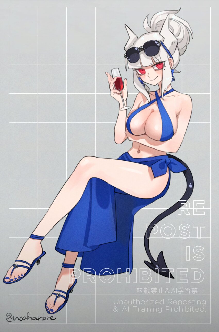 1girl absurdres black_tail blue_dress blue_sandals breasts crossed_legs cup demon_girl demon_horns demon_tail dress eyewear_on_head helltaker highres holding holding_cup horns large_breasts legs looking_at_viewer lucifer_(helltaker) mole mole_under_eye nail_polish navel noah_(tettsui-sole) ponytail red_eyes sandals short_hair sitting smile solo sunglasses tail thighs toenail_polish toenails toes twitter_username white_hair white_horns