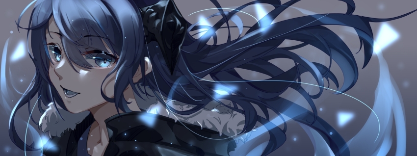 1girl :d arknights black_horns black_jacket blue_eyes blue_hair blue_tongue close-up colored_tongue commentary_request eyes_visible_through_hair fur-trimmed_hood fur-trimmed_jacket fur_trim hair_between_eyes hair_over_one_eye highres hood hood_down horns huo_jian_chong_rudao_76 jacket light_particles looking_at_viewer lower_teeth_only mostima_(arknights) open_mouth smile solo teeth upper_body