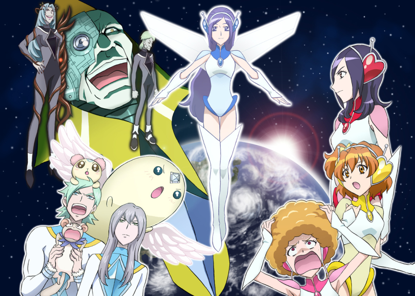 00s 5girls afro angry aono_miki arm_warmers blonde_hair blue_eyes blue_hair boots brown_eyes brown_hair chiffon_(fresh_precure!) detached_sleeves earrings earth_(planet) fingerless_gloves fresh_precure! full_body gloves green_eyes green_hair higashi_setsuna hohoemina jewelry kita_nayuta leotard long_hair looking_at_viewer mechanical_wings minami_shun moebius_(fresh_precure!) momozono_love multiple_girls nishi_hayato northa northa_(fresh_precure!) official_alternate_costume outstretched_arms pink_eyes planet ponytail precure purple_eyes purple_hair shaded_face short_hair side_ponytail silver_hair souler souler_(fresh_precure!) space star_(symbol) sun tart_(fresh_precure!) tawashi_(pixiv) tawashi_(tawashisan) thigh_boots thighhighs wester wester_(fresh_precure!) wings yamabuki_inori