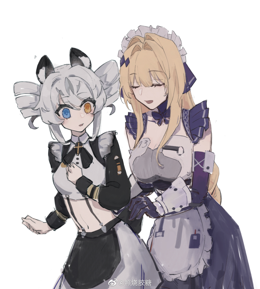 2girls animal_ears bianca:_veritas_(pact_of_zero)_(pgr) bianca_(pgr) blonde_hair closed_eyes drill_hair helping highres karenina:_ember_(deed_of_snow_leopard)_(pgr) karenina_(pgr) long_sleeves maid maid_headdress multiple_girls navel open_mouth punishing:_gray_raven ribbon twin_drills white_background white_hair ye_guo_jiaotang_dong