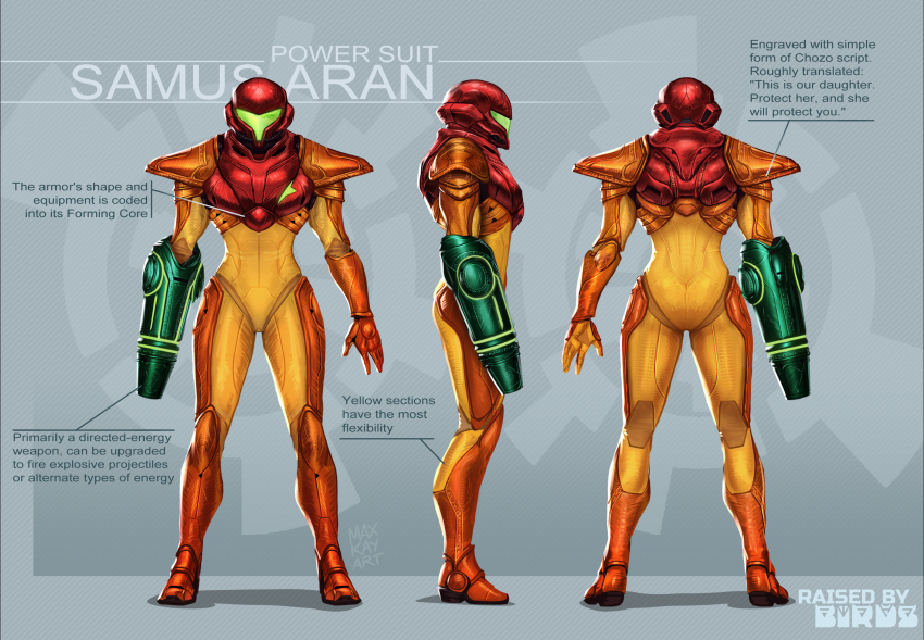 1girl arm_cannon armor artist_name assault_visor character_name character_profile commentary diagram english_commentary english_text engraved_armor full_body glowing_lines green_light highres max_kay metroid multicolored_armor multiple_views nintendo normal_suit_(metroid) one_eye_in_shadow orange_armor pauldrons power_armor power_suit red_armor redesign reference_sheet samus_aran science_fiction shoulder_armor signature turnaround weapon yellow_armor