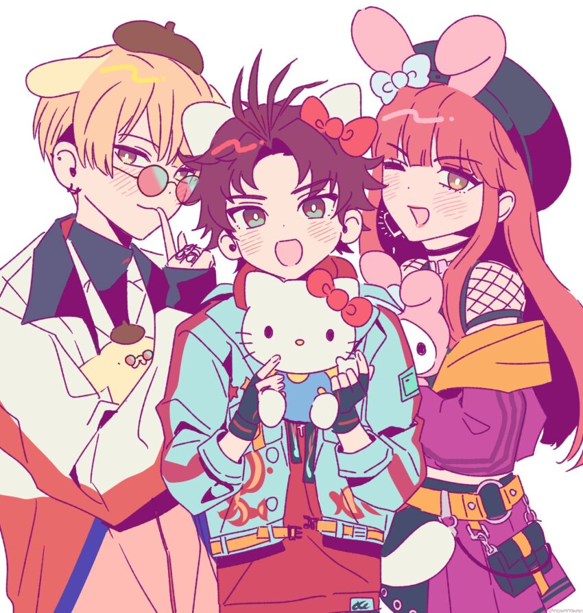 1other 2boys animal_ears anne_faulkner bae_(paradox_live) blonde_hair blush brown_eyes cat_ears closed_mouth dog_ears fake_animal_ears glasses green_eyes hello_kitty hello_kitty_(character) highres long_hair looking_at_viewer multicolored_eyes multiple_boys my_melody nownnownn one_eye_closed onegai_my_melody open_mouth orange_eyes paradox_live pompompurin rabbit_ears red_eyes red_hair sanrio short_hair smile sugasano_allen yeon_hajun