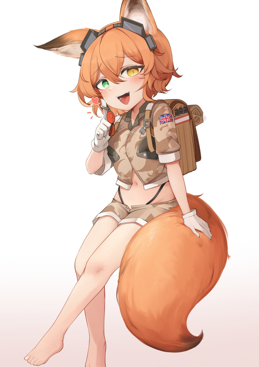 absurdres animal_ears backpack bag blush crime_prevention_buzzer crop_top daebom fox_ears fox_girl fox_tail gloves green_eyes hair_between_eyes heterochromia highres looking_at_viewer midriff orange_hair original short_shorts shorts tail union_jack white_gloves yellow_eyes