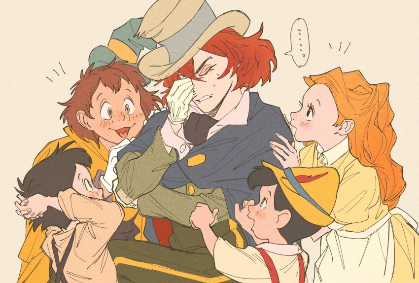 ... 1girl 4boys apron ascot black_ascot black_cape black_hair blush brown_eyes brown_hair cape child cleo_(pinocchio) dress eyelashes facepalm figaro_(disney) gideon_(pinocchio) gloves green_hat green_pants green_shirt grey_hat grimace hat hat_feather highres honest_john_(disney) multiple_boys open_mouth orange_hair pants pinocchio_(disney_character) pinocchio_(disney_movie) red_hair shirt sitting speech_bubble spoken_ellipsis suspenders sweatdrop top_hat uochandayo waist_apron white_gloves white_shirt yellow_dress yellow_hat