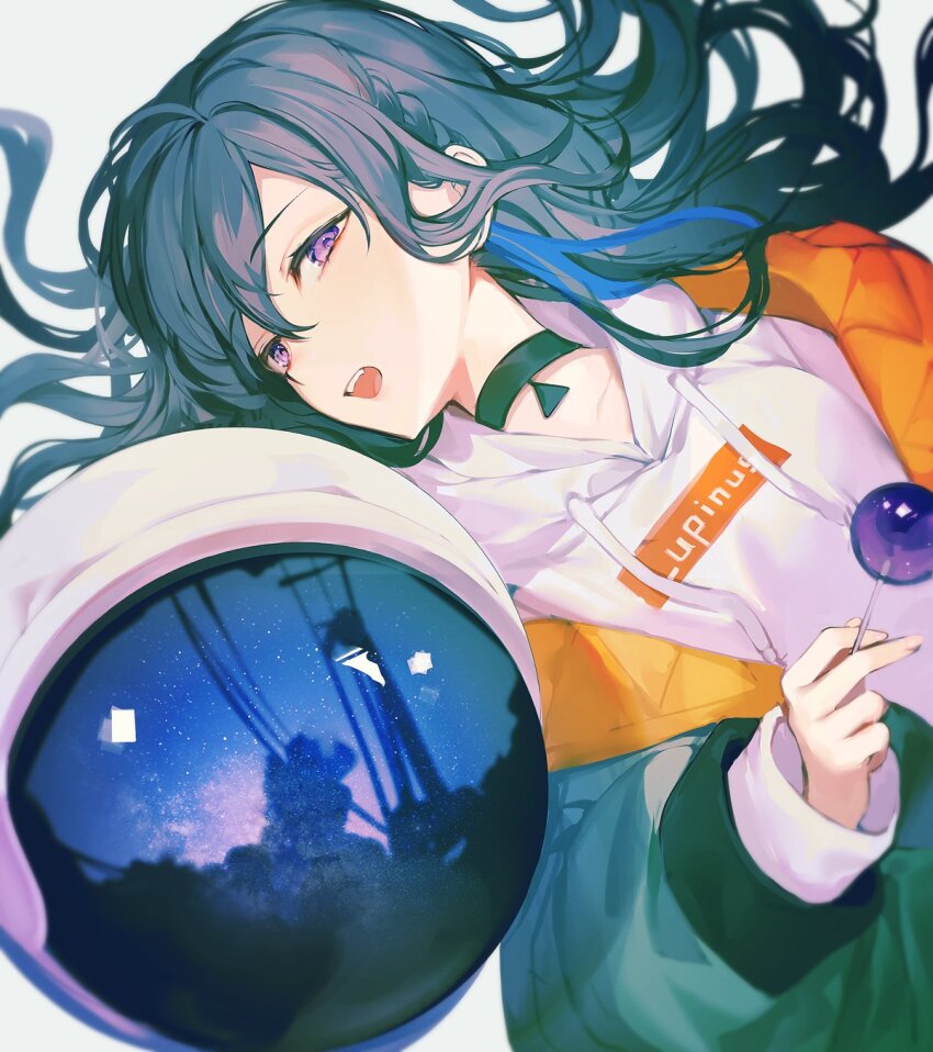 1girl achiki black_choker black_hair blue_hair braid cable candy choker collarbone copyright_name drawstring food green_jacket hair_between_eyes helmet highres holding holding_candy holding_food holding_lollipop hood hoodie ichinose_uruha ichinose_uruha_(2nd_costume) jacket lollipop long_hair looking_at_viewer lupinus_virtual_games multicolored_hair open_mouth purple_eyes reflection sky solo space_helmet star_(sky) starry_sky streaked_hair swept_bangs teeth upper_teeth_only utility_pole virtual_youtuber vspo! white_hoodie