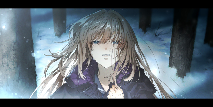 1girl blonde_hair blue_eyes coat crying highres hood letterboxed lips long_hair outdoors parted snow snowing solo tears upper violet_evergarden violet_evergarden_(series)