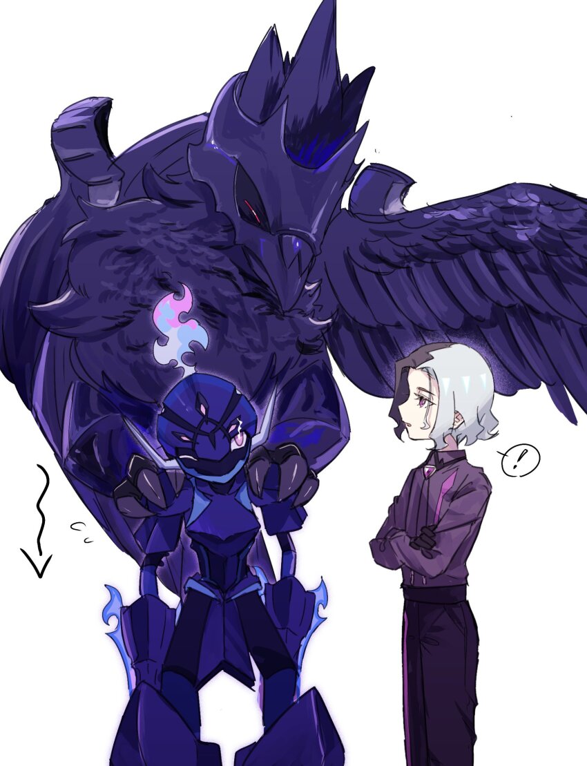 ! 1boy amethio_(pokemon) arrow_(symbol) black_pants bright_pupils ceruledge collared_shirt commentary_request copituji corviknight crossed_arms flying_sweatdrops gen_8_pokemon gloves highres loose_hair_strand male_focus multicolored_hair nintendo open_mouth pants pokemon pokemon_(anime) pokemon_(creature) pokemon_horizons purple_eyes shirt short_hair simple_background spoken_exclamation_mark two-tone_hair white_background white_pupils