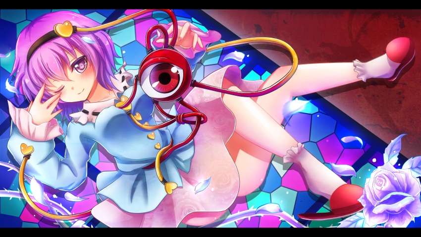1girl ass black_hairband blue_shirt blush breasts buttons cat collar commentary_request erihiro floral_print floral_print_skirt flower frilled_sleeves frills hair_ornament hairband hand_over_eye heart heart_button heart_hair_ornament highres knee_blush komeiji_satori long_sleeves looking_at_viewer lying medium_breasts on_back one_eye_closed pink_collar pink_hair pink_skirt pink_socks plant print_skirt purple_eyes purple_flower purple_petals purple_rose red_background red_eyes red_slippers ribbon-trimmed_collar ribbon_trim rose shadow shirt short_hair skirt slippers smile socks solo stained_glass third_eye thorns touhou vines