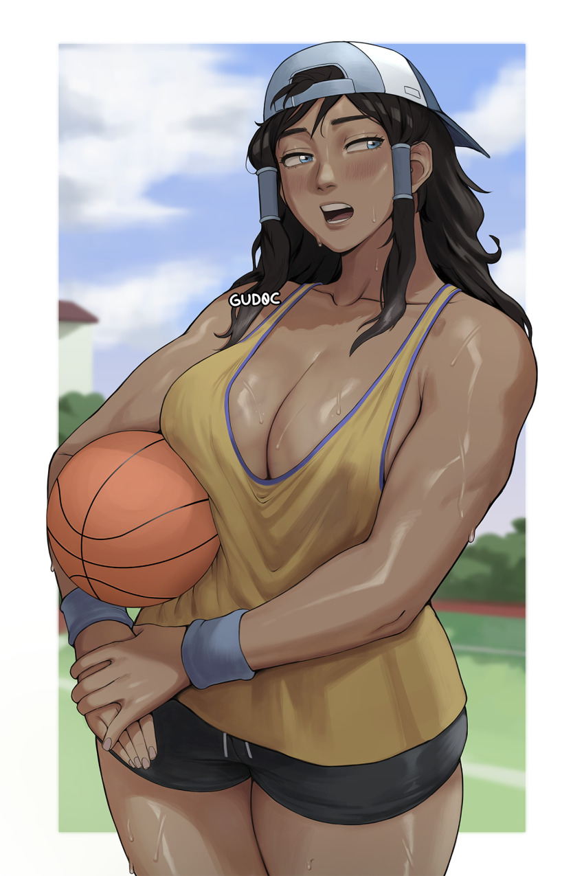 1girl alternate_costume artist_name avatar_legends backwards_hat ball baseball_cap basketball_(object) black_shorts blue_eyes border breasts brown_hair cleavage collarbone contemporary dark-skinned_female dark_skin day gud0c hair_tubes hat highres holding holding_ball korra large_breasts long_hair looking_to_the_side muscular muscular_female open_mouth outdoors outside_border shirt short_shorts shorts sideways_glance solo standing sweat tank_top teeth the_legend_of_korra thighs tomboy very_sweaty white_border yellow_shirt