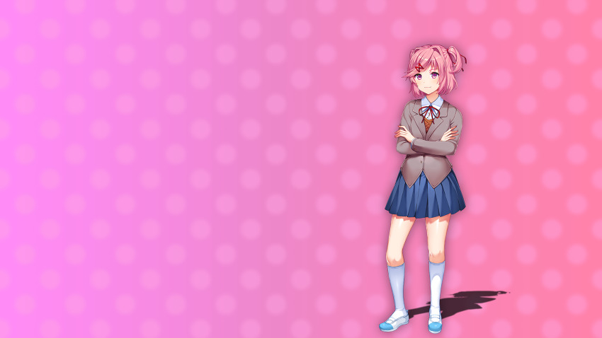 1girl arms_under_breasts blazer blue_skirt breasts brown_sweater_vest buttons closed_mouth collared_shirt commentary crossed_arms doki_doki_literature_club doki_doki_literature_club doki_doki_literature_club_school_uniform dot_nose dress_shirt english_commentary eyebrows_hidden_by_hair full_body game_cg grey_jacket hair_intakes hair_ornament hair_ribbon hands_on_own_arms highres jacket kneehighs light_blush long_eyelashes long_sleeves looking_at_viewer lucidsky mary_janes miniskirt natsuki_(doki_doki_literature_club) neck_ribbon non-web_source official_art official_wallpaper parted_bangs parted_hair pink_background pink_eyes pink_hair pink_nails pleated_skirt polka_dot polka_dot_background red_ribbon ribbon satchely school_uniform shadow shirt shoes short_hair sidelocks skirt small_breasts smile socks solo squchan sweater_vest thick_eyelashes thighs two_side_up v-neck white_shirt white_shoes white_socks wing_collar x_hair_ornament
