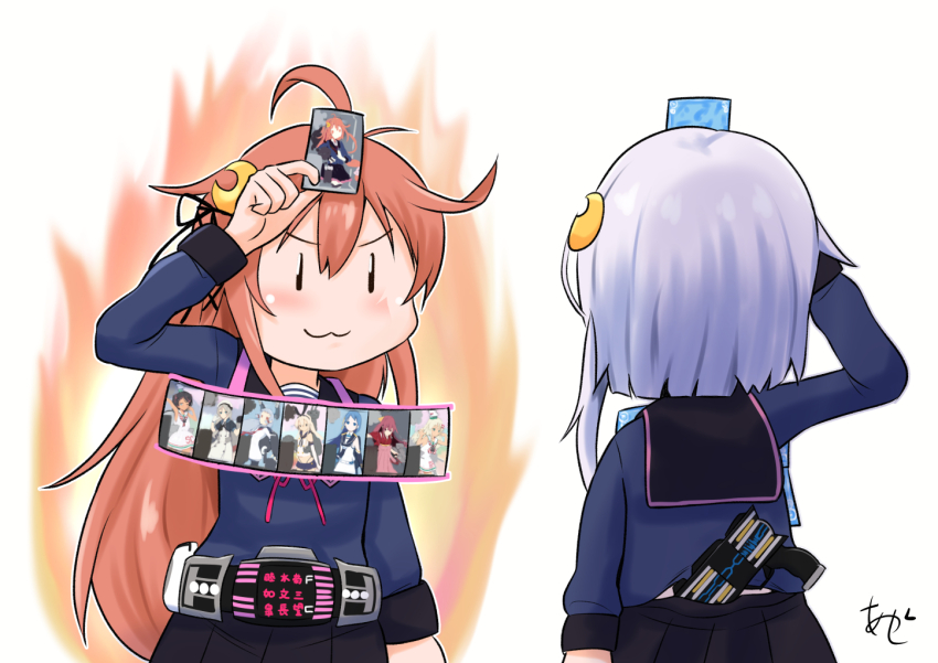 2girls :3 ahoge akashieru aura belt black_sailor_collar black_skirt blue_shirt card crescent crescent_hair_ornament decadriver diendriver fire grecale_(kancolle) gun hair_ornament hair_ribbon javelin_(kancolle) kamen_rider kamen_rider_dcd kamen_rider_decade kamen_rider_decade_complete_form kamen_rider_diend kamikaze_(kancolle) kantai_collection multiple_girls murakumo_(kancolle) orange_hair parody pleated_skirt purple_hair ribbon sailor_collar sailor_shirt samidare_(kancolle) school_uniform scirocco_(kancolle) serafuku shimakaze_(kancolle) shirt short_hair_with_long_locks skirt upper_body uzuki_(kancolle) weapon yayoi_(kancolle)