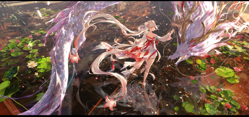 1girl absurdres back bare_legs bare_shoulders chinese_commentary closed_mouth commentary_request detached_sleeves dragon dress eastern_dragon floating_hair flower from_behind hair_flower hair_ornament hand_up high_heels highres jinhsi_(peach_blossom)_(wuthering_waves) jinhsi_(wuthering_waves) jue_(wuthering_waves) legs long_hair long_sleeves looking_at_viewer official_alternate_costume pink_flower reflection reflective_water smile swd3e2 tacet_mark_(wuthering_waves) very_long_hair white_dress white_eyes white_hair white_sleeves wuthering_waves