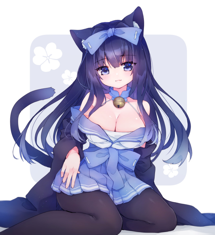 1girl animal_ear_fluff animal_ears arashio_(azur_lane) azur_lane bare_shoulders bell black_hair blue_bow blue_skirt blush bow breasts brown_pantyhose cat_ears cat_girl cat_tail cleavage closed_mouth collarbone commentary_request female_focus floral_background floral_print grey_background hair_between_eyes hair_bow hakama hakama_short_skirt hakama_skirt head_tilt highres japanese_clothes jingle_bell large_breasts long_hair long_sleeves looking_at_viewer off_shoulder pantyhose petals pleated_skirt purple_bow purple_eyes purple_hair shadow shichijou_natori shirt sitting skirt solo tail two-tone_background white_background white_shirt wide_sleeves