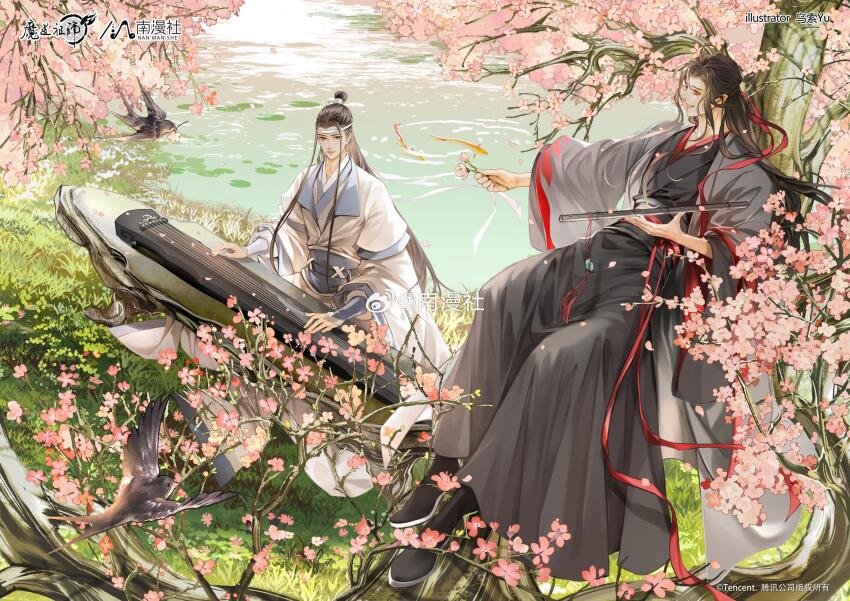 2boys bird black_boots black_hair black_hanfu black_robe boots branch cherry_blossoms chinese_clothes chinese_commentary chinese_text closed_mouth coat copyright_name day flower flute flute_tassel full_body grass grey_coat guqin hair_bun hair_down hair_ribbon half_updo hanfu headband highres holding holding_flower holding_flute holding_instrument in_tree instrument lake lan_wangji long_hair long_sleeves male_focus modao_zushi multiple_boys music official_alternate_costume official_alternate_hairstyle official_art outdoors petals pink_flower playing_instrument red_ribbon ribbon river robe sidelocks sitting sitting_in_tree smile tassel tree very_long_hair water watermark wei_wuxian wei_wuxian_(yiling_laozu) weibo_watermark white_hair white_hanfu white_headband wide_sleeves wusuoyu566 xiao_guan_(headdress) yaoi