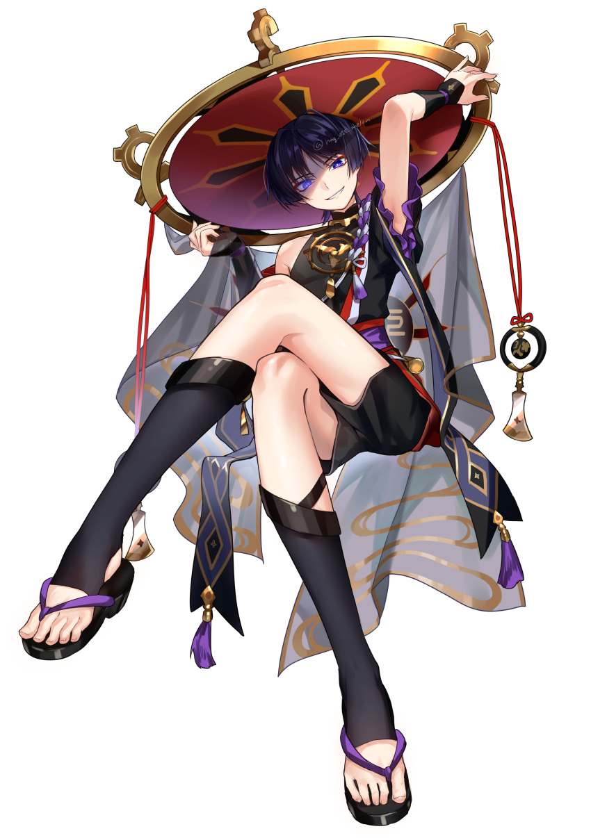 1boy absurdres armor armpit_crease black_bodysuit black_hair black_kimono black_sandals black_shorts black_sleeves bodysuit crossed_legs curled_fingers eyeliner eyeshadow full_body furisode genshin_impact gold gold_trim grey_veil hag_(hag_015) han&#039;eri hands_up hat highres japanese_armor japanese_clothes jewelry jingasa kimono knees kote kurokote layered_clothes layered_kimono layered_sleeves looking_at_viewer makeup male_focus mandarin_collar mitsudomoe_(shape) neck_ring okobo open_clothes open_kimono parted_lips partially_shaded_face pectorals platform_sandals purple_eyes purple_rope purple_sleeves red_eyeliner red_eyeshadow red_hat red_kimono rope sandals scaramouche_(genshin_impact) shimenawa short_sleeves shorts single_bare_shoulder single_off_shoulder smile solo tassel toenails toes tomoe_(symbol) twitter_username veil white_background white_mouth white_rope